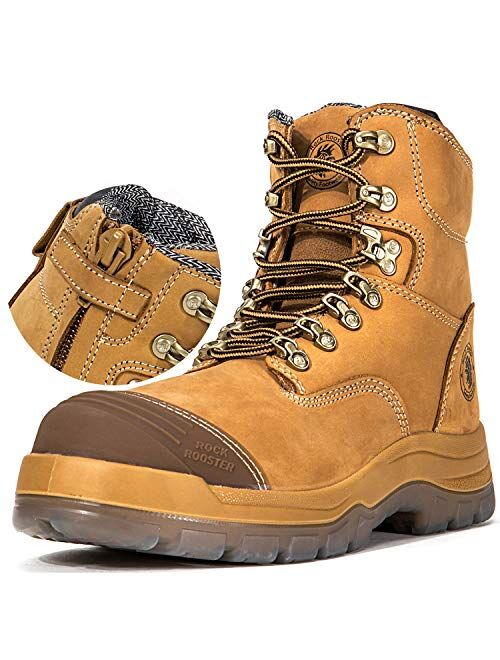 ROCKROOSTER Work Boots for Men,8 inch,Steel Toe,Side Zipper,Slip Resistant Safety Oiled Leather Shoes,Static Control,Non Slip,Breathable,Quick Dry,Anti-Fatigue