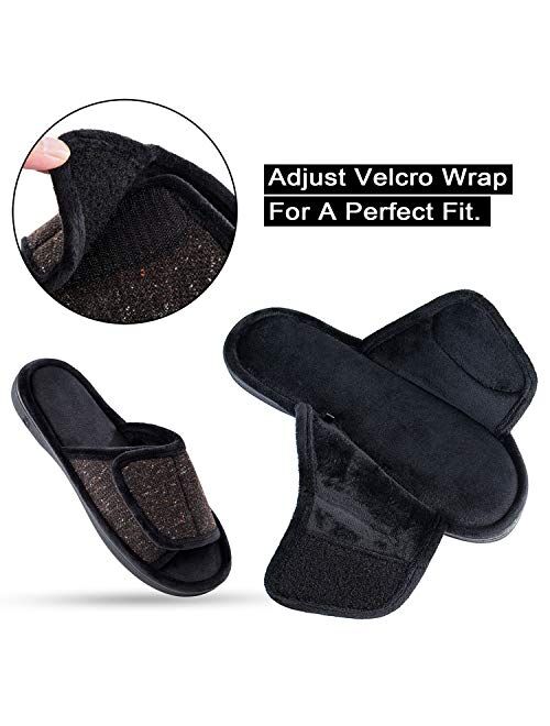DL Adjustable-Mens-Slippers-Memory-Foam, Open Toe House Slippers for Men Indoor Outdoor, Breathable Slide Bedroom Slippers for Men Anti-Slip Rubber Sole Black Gray Navy B
