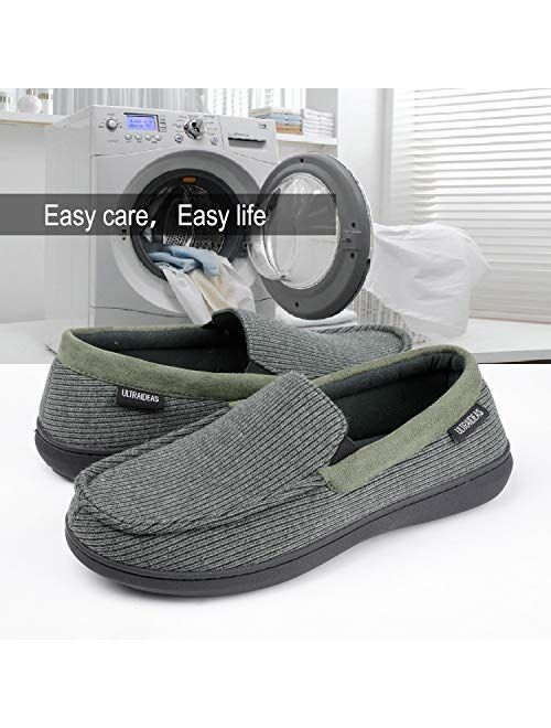 ULTRAIDEAS Men's Cozy Memory Foam Moccasin Slippers with Anti-Skid Indoor Rubber Sole, Breathable Lightweight Knitted Closed Back House Shoes