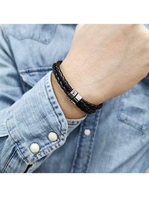 ShineSand Personalized Mens Leather Bracelet with Custom Beads, Customized Braid Leather Bracelet Engraved with Names for Men