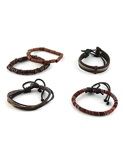 HZMAN Wrap Bracelets Men Women, Hemp Cords Wood Beads Ethnic Tribal Bracelets, Leather Wristbands