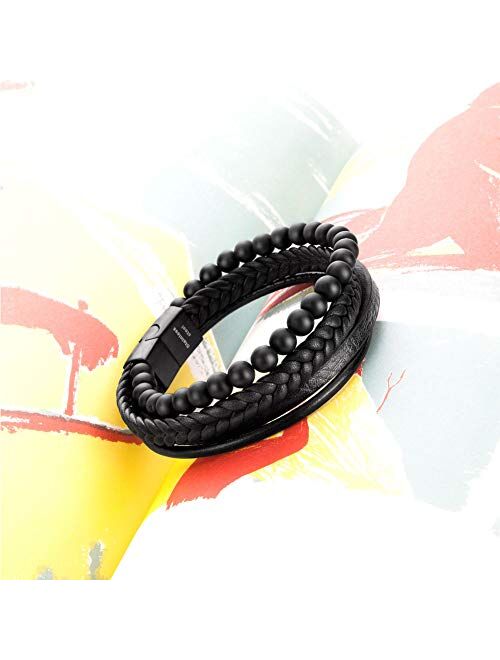 Speroto New Mens Bracelet Bead and Leather Braided, Lava and Onyx Bead Leather Bracelet for Men