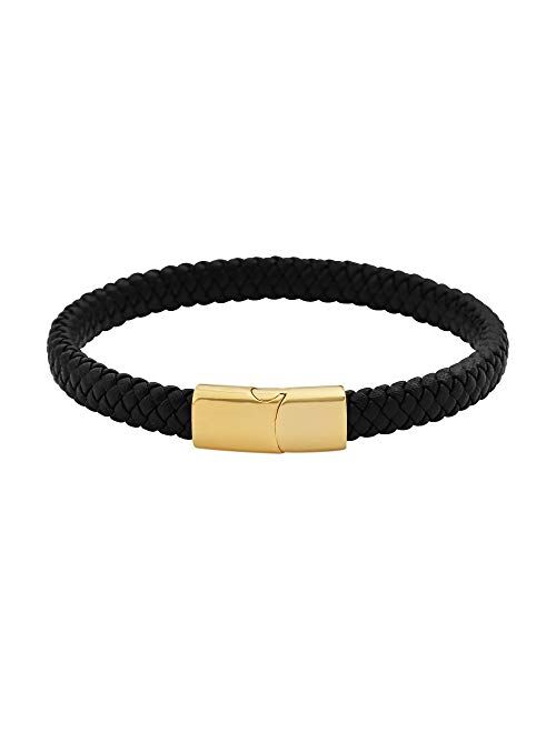 Geoffrey Beene Men's Braided Genuine Leather Bracelet with Stainless Steel Magnetic Closure