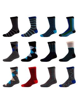 Men's Colorful Dress Socks - Conservative Patterned Striped Cotton Crew Socks For Men - 12 Pack