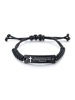 Unisex Religous Scripture Quote Faith Christian Bible Verse Adjustable Cord Stainless Steel Inspirational ID Bracelets for Men Women