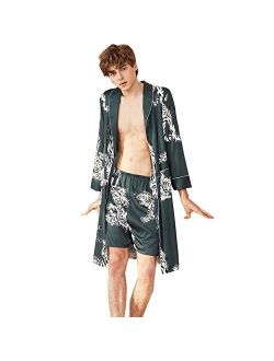COSOSA Men's Satin Robe with Shorts - Nightgown Soft Printed Bathrobes Pajamas Sleepwear