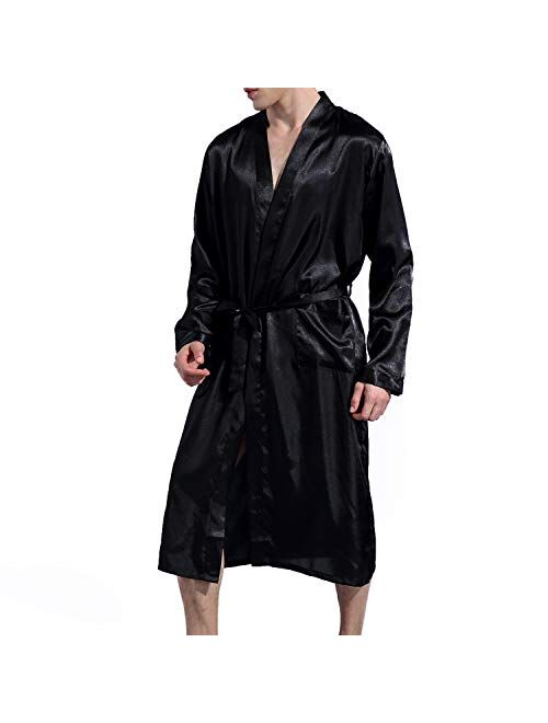Lu's Chic Men' Satin Kimono Robe Silk Classic Long Bathrobe Pockets Lighweight Loungewear