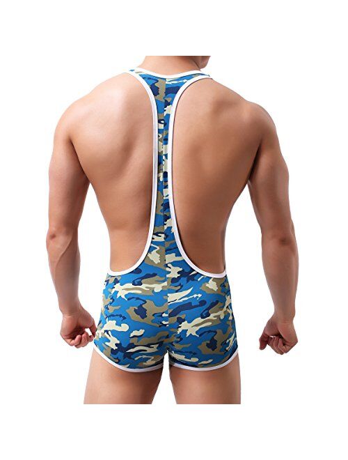 YOOBNG Sexy Men Bodysuit Jumpsuits Underwear Camo Wrestling Singlet Lingerie