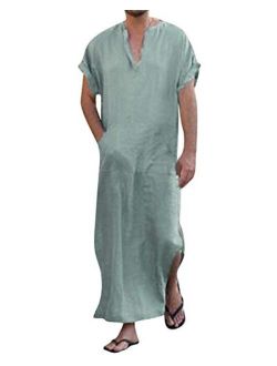 Jacansi Men's V-Neck Short Sleeve Home Robe Side Split Kaftan Cotton Long Gown Thobe