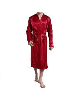 Amzchoice Men V Neck Satin Robe Kimono Long Bathrobe Lightweight Sleepwear Wedding