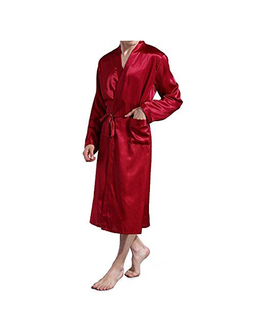 Amzchoice Men V Neck Satin Robe Kimono Long Bathrobe Lightweight Sleepwear Wedding