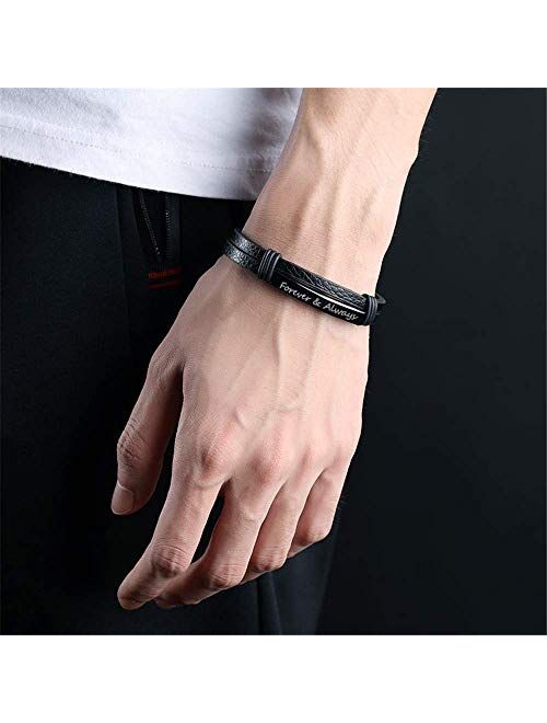 Personalized Mens Black Leather Bracelets 7.4-10 Inches ID Tag Bracelets Customized for Men Women Dad Bracelets Wristband Bangle