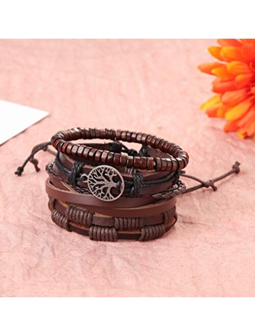 Hanpabum 18pcs Braided Leather Bracelets for Men Women Woven Cuff Wrap Bracelet Wood Beads Ethnic Tribal Bracelets Adjustable