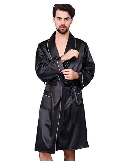 Haseil Men's Satin Kimono Robe Spring Summer Shawl Collar Sleepwear Classic Silk Bathrobes