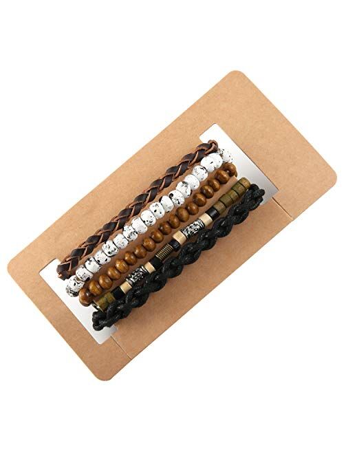 HZMAN Mix 4 Wrap Bracelets Men Women, Hemp Cords Wood Beads Ethnic Tribal Bracelets, Leather Wristbands
