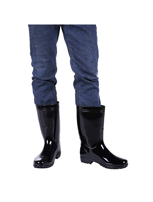 Comwarm Men's Mid-Calf Rain Boots Waterproof Anti-Slip Black PVC Adult Outdoor Work Rubber Boots