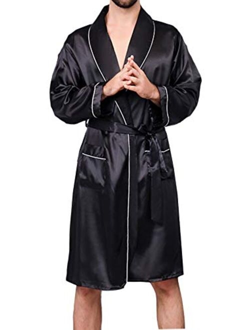 YIMANIE Mens Satin Robe Lightweight Silk Spa Bathrobe with Shorts Nightgown Long Sleeve House Kimono Printed Bathrobe Set 