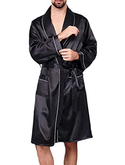 YIMANIE Mens Satin Robe Lightweight Silk Spa Bathrobe with Shorts Nightgown Long Sleeve House Kimono Printed Bathrobe Set