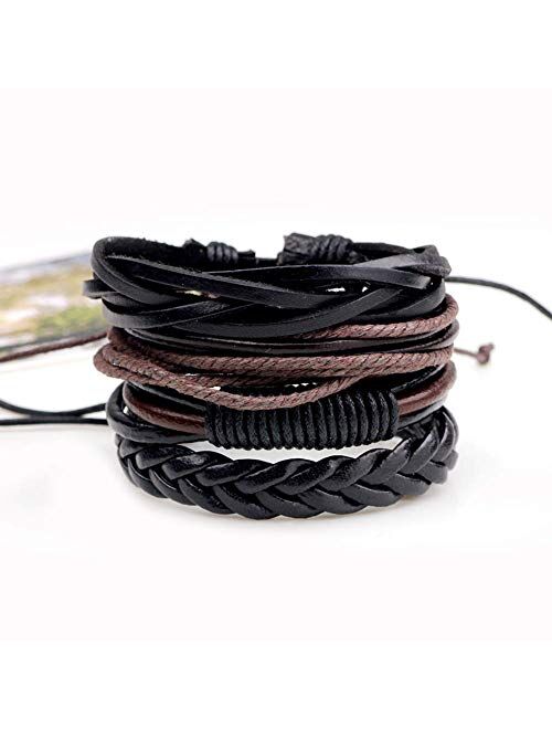 Mens Bracelet Set Beads Leather Stranded Multilayer Braided Rope Adjustable