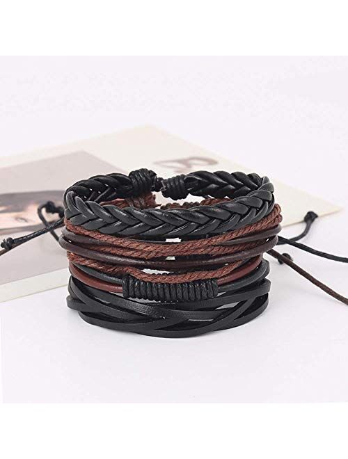 Mens Bracelet Set Beads Leather Stranded Multilayer Braided Rope Adjustable