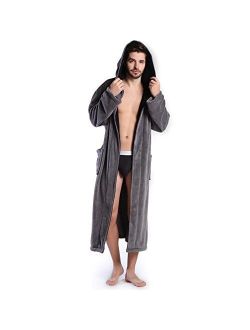 Hooded Men's Grey Soft Spa Long Bathrobe,Comfy Full Length Warm Nightdress