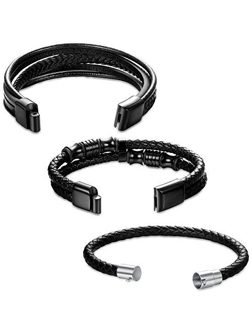 Adramata 3PCS Magnetic-Clasp Braided Leather Bracelets for Men Wrap Leather Bracelet Bangle Wrist Cuff