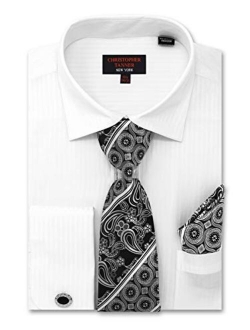 Christopher Tanner Men's Solid Striped Pattern Regular Fit Dress Shirts French Cuffs with Tie Hanky Cufflinks Combo