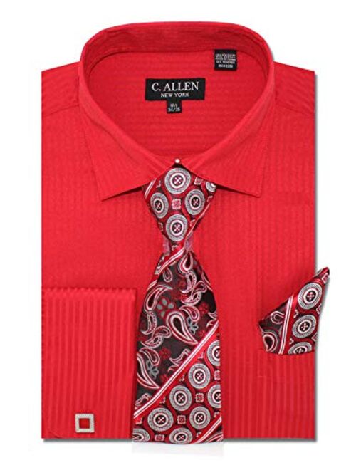 Christopher Tanner Men's Solid Striped Pattern Regular Fit Dress Shirts French Cuffs with Tie Hanky Cufflinks Combo