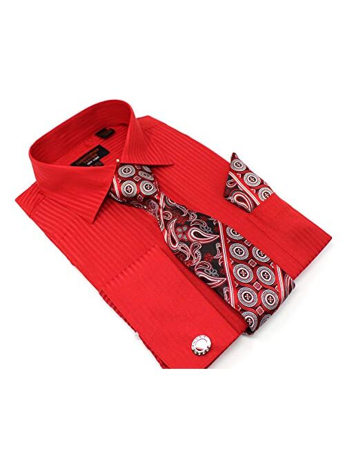 Christopher Tanner Men's Solid Striped Pattern Regular Fit Dress Shirts French Cuffs with Tie Hanky Cufflinks Combo