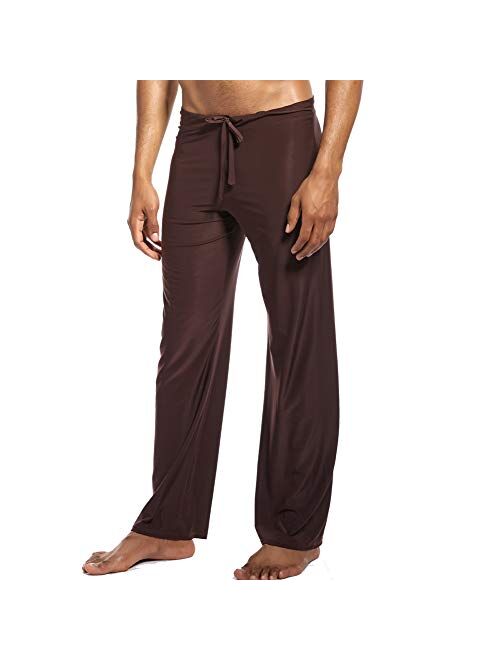 K-Men Mens Ice Silk Long Yoga Pant Low Rise Elastic Drawstring Sleep Bottom