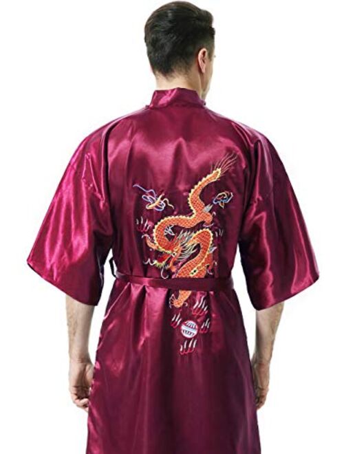 MORCOE Men's Chinese Dragon Embroidered Satin Long Men Robe,Smoking Jacket Yukata Pajamas Kimono for Men