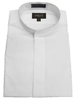 OmegaTux Mens Banded Collar(Mandarin Collar) White Dress Shirt, Non Pleat