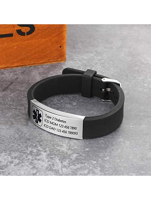 OPALSTOCK Personalized Bracelet Silicone Medical Bracelets Adjustable Sport Emergency ID Bracelets Free Engraving 9 Inches Waterproof ID Alert Bracelets for Men Women