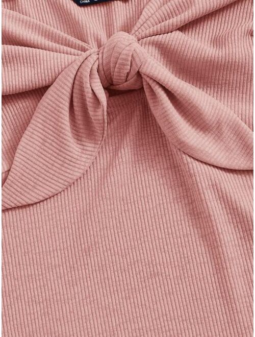 Shein Puff Sleeve Tie Front Rib-knit Crop Top