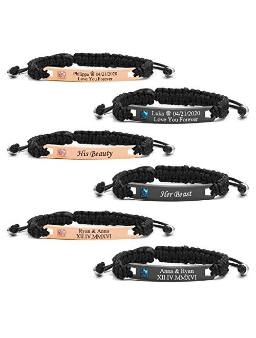 Jovivi Personalized Custom Stainless Steel Handmade Braided Rope Nameplate ID Bracelet His and Hers Matching Couples Bracelets Valentine's Gift for Lover