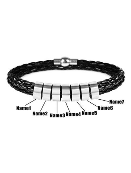 Mens Custom Bracelet Personalized Black Braid Leather Bracelets with 1-7 Names Engraved in Custom Beads Custom ID Bracelet for Men