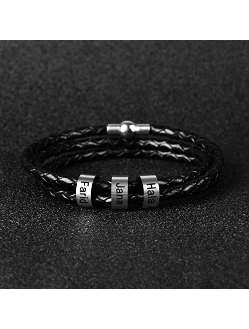 Mens Custom Bracelet Personalized Black Braid Leather Bracelets with 1-7 Names Engraved in Custom Beads Custom ID Bracelet for Men