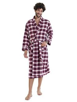 SIORO Mens Flannel Cotton Robes, Soft Plaid Bathrobe Shawl Collar Loungewear