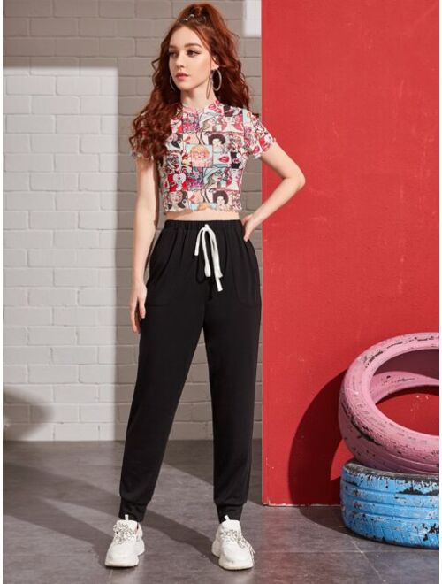 Shein Tie Waist Pocket Patched Pants