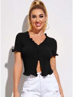 Frill Trim Buttoned Front Rib-knit Top