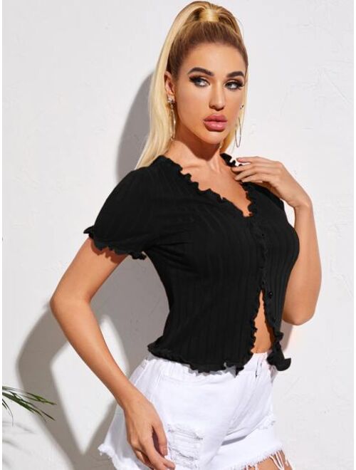 Shein Frill Trim Buttoned Front Rib-knit Top