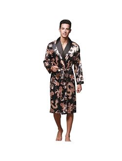 ZUEVI Men's Long Sleeve Satin Kimono Robe Dragon Lightweight Bathrobe Pajamas