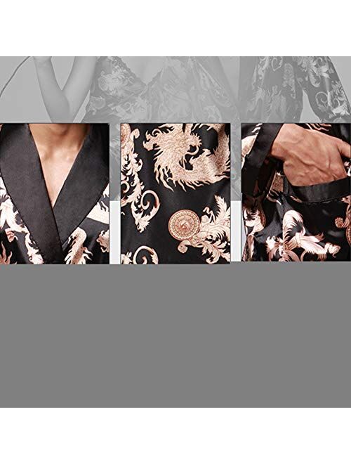 ZUEVI Men's Long Sleeve Satin Kimono Robe Dragon Lightweight Bathrobe Pajamas