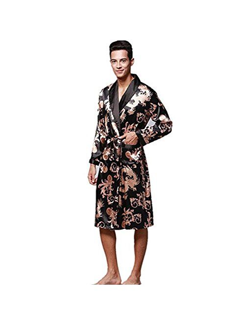 ZUEVI Men's Long Sleeve Satin Kimono Robe Dragon Lightweight Bathrobe Pajamas