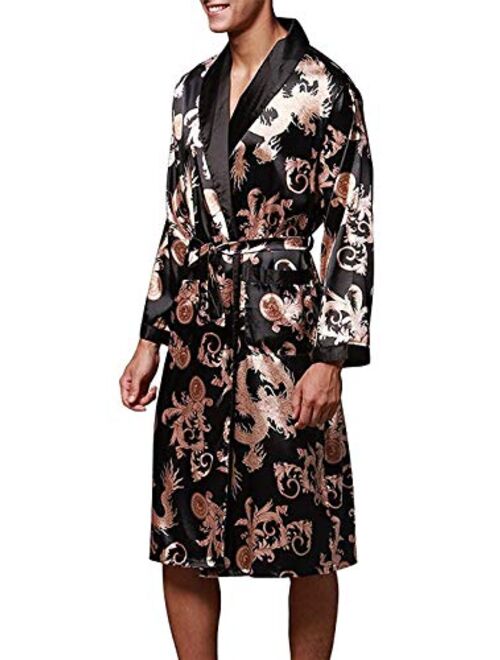 VERNASSA Men's Satin Robe Silk Long Sleeve Kimono Bathrobe Sleepwear Loungewear