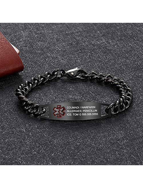 Wendy Made Free Engrave Medical Alert Bracelet for Men & Women 8.5" or 7.2'' Titanium Steel Emergency Medical Bracelets for Men Med Alert Bracelet Alert ID Bracelets (3 C