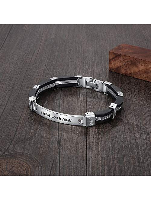 Personalized Engraved Name Stainless Steel ID Tag Bracelet Engraved Bangle Bracelets for Mens Jewelry Mother Day Gift for Him