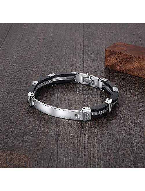 Personalized Engraved Name Stainless Steel ID Tag Bracelet Engraved Bangle Bracelets for Mens Jewelry Mother Day Gift for Him