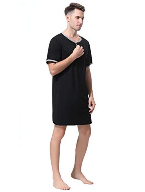 Men Pajamas Nightwear Short Sleeve 100%Cotton Stripe Nightshirt Kaftan Sleepwear