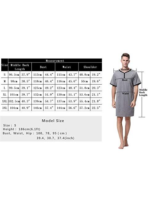 Sykooria Men's Nightshirt Short Sleeve Henley Kaftan Sleepshirt Comfy Long Sleeve Nightwear with Pocket
